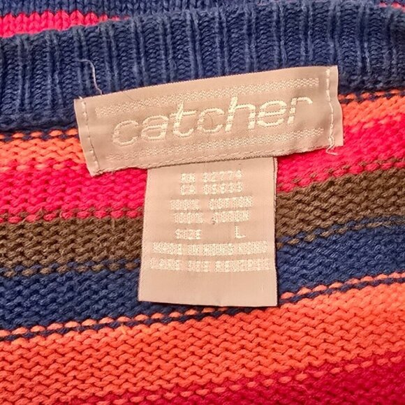 Catcher Vintage Rainbow Striped Chunky Oversized Boyfriend Cardigan Sz L - Picture 6 of 7